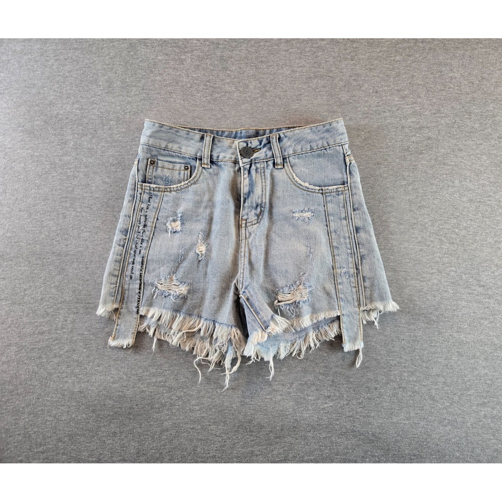 Armani Exchange Shorts Womens 26 Blue Distressed Denim Mid‎ Wash Frayed Script